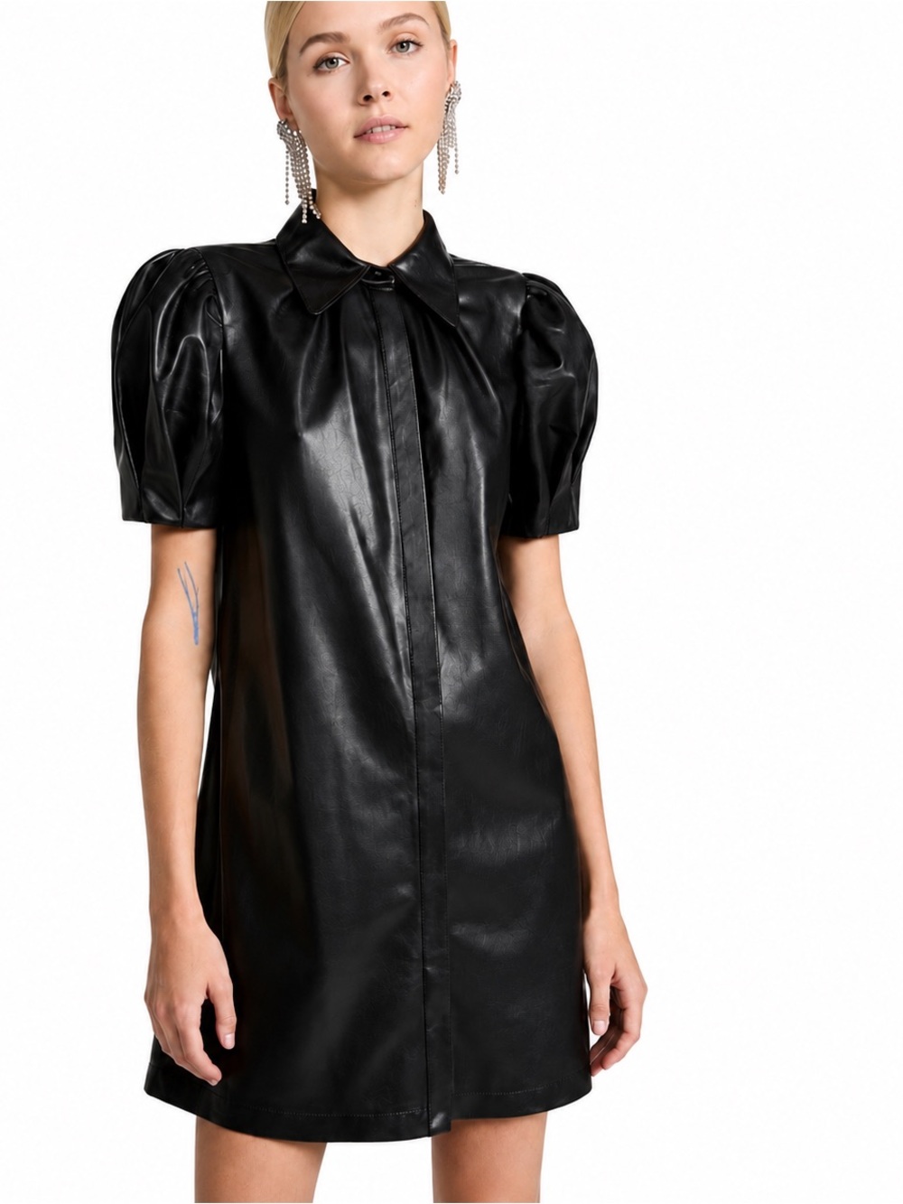 Alice + Olivia Jem Faux Leather Puff Sleeve Mini Shift Dress Black Size Small